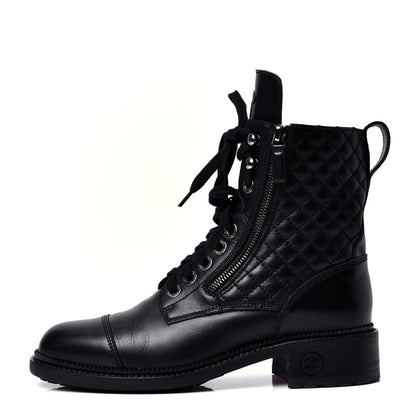 Chanel Calfskin Quilted Lace Up Combat Boots 40 Black 1 of 5