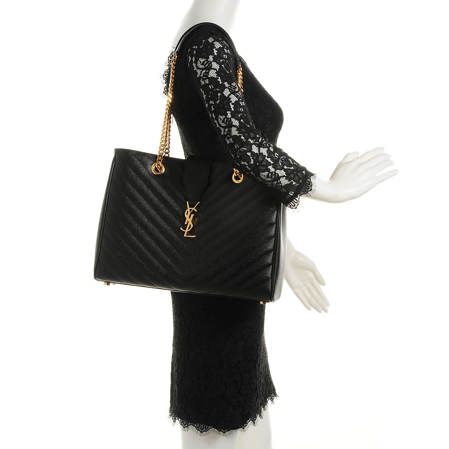 Saint Laurent Grain De Poudre Matelasse Chevron Monogram Shopping Bag Black 2 of 9