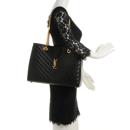 Saint Laurent Grain De Poudre Matelasse Chevron Monogram Shopping Bag Black 2 of 9
