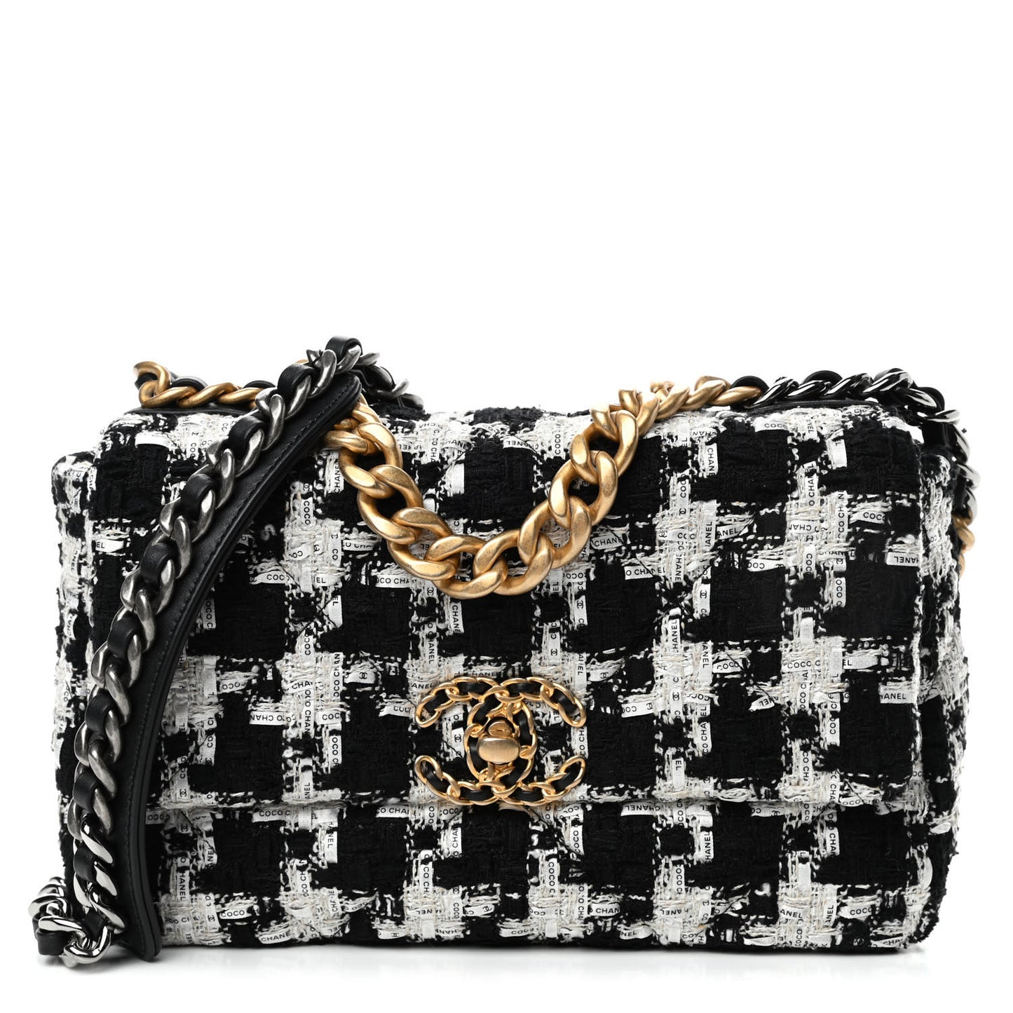 Tweed Quilted Medium Chanel 19 Flap Black Ecru White