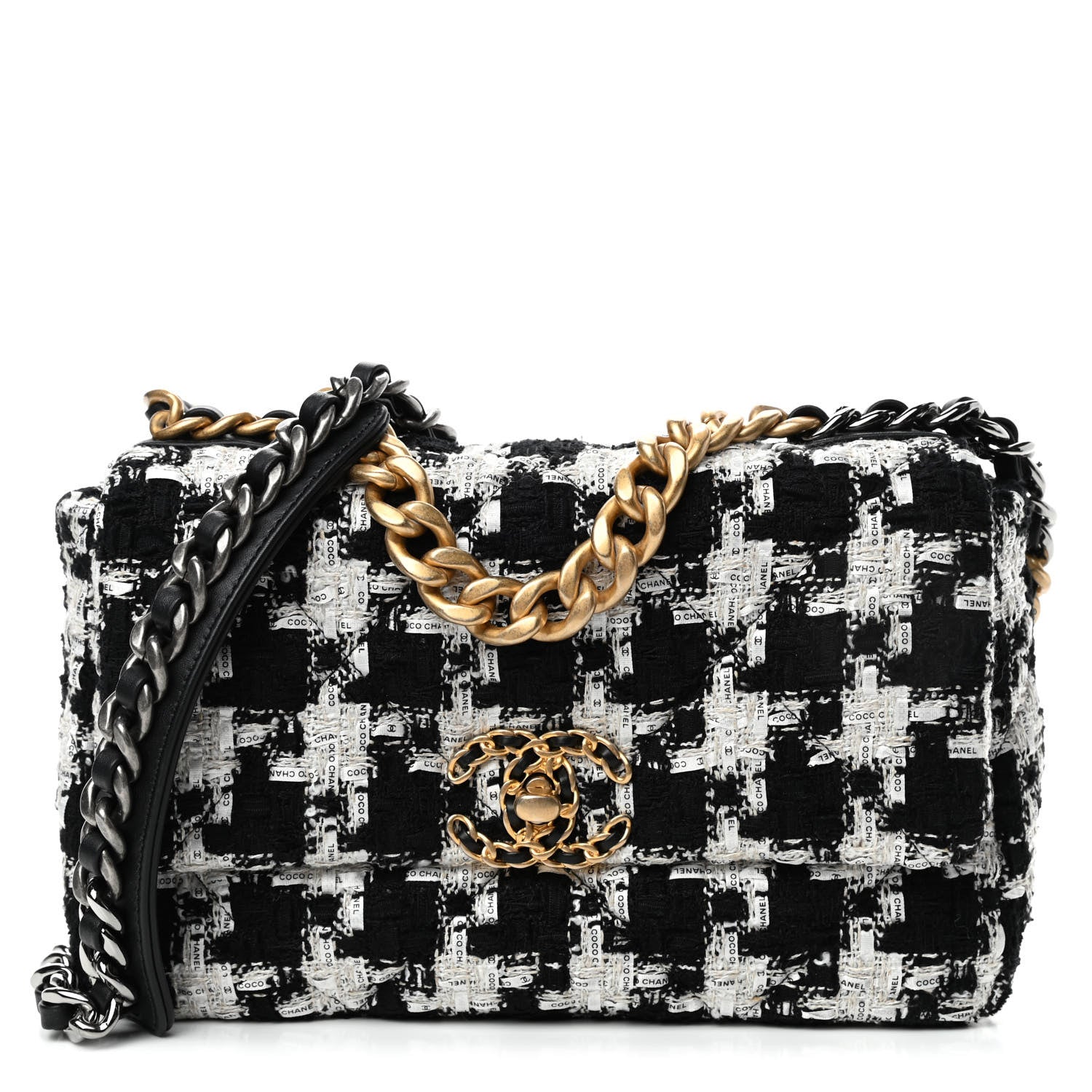 Chanel Tweed Quilted Medium Chanel 19 Flap Black Ecru White 1 of 4