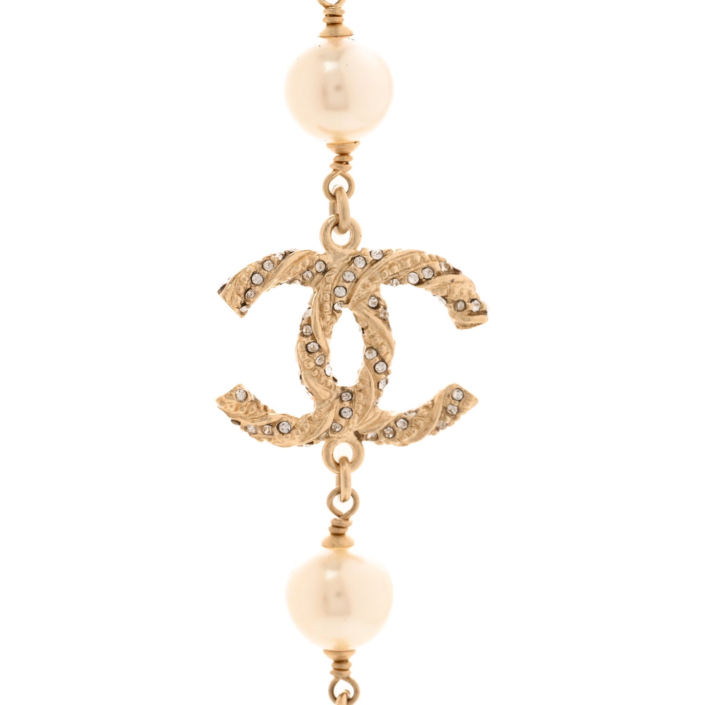 Graduated Pearl Crystal Twisted CC Long Necklace Gold