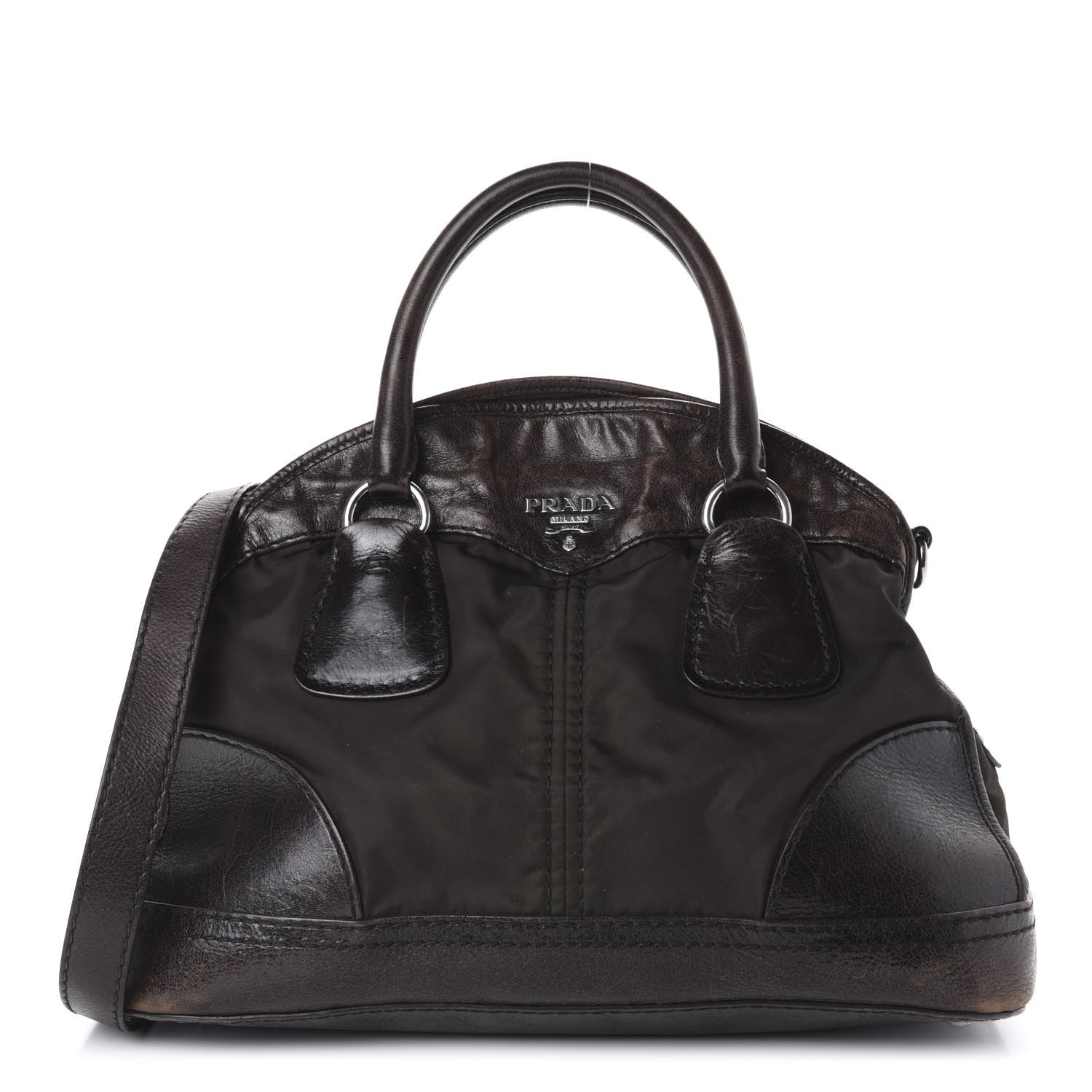 Prada Tessuto Nylon Vitello Shine Dome Satchel Ebano 1 of 10