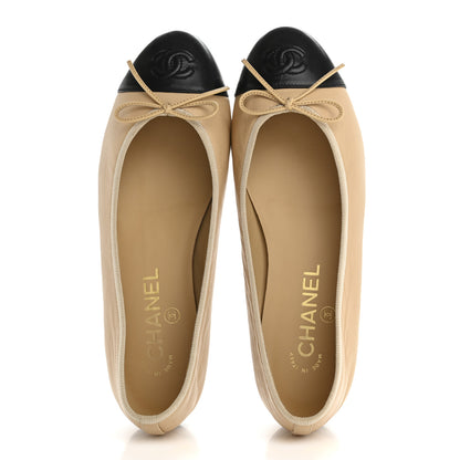 Chanel Lambskin Cap Toe CC Ballerina Flats 37 Beige Black 2 of 9