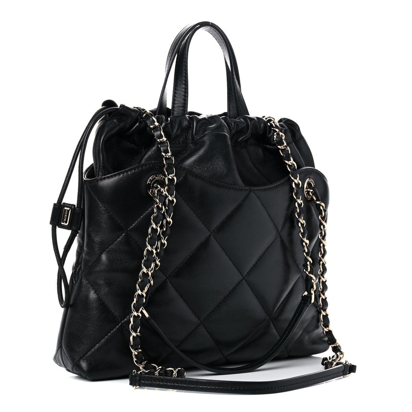 Lambskin Quilted Small Drawstring Shopping Bag Black