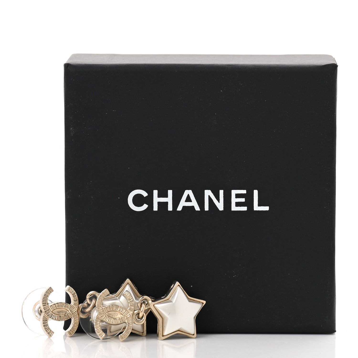 Chanel Metal Resin Pearl Star CC Drop Earrings Gold 5 of 5