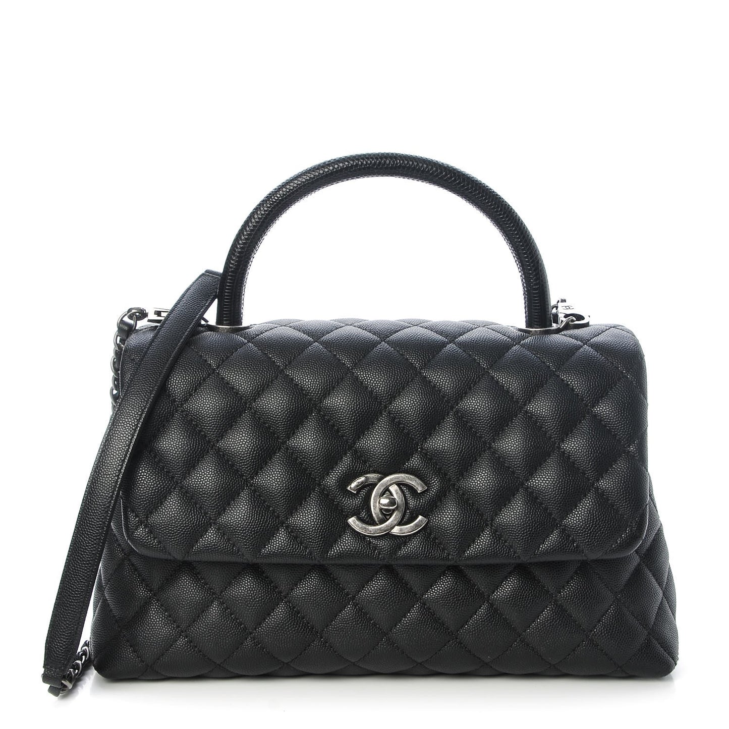 Caviar Lizard Quilted Small Coco Handle Flap Black