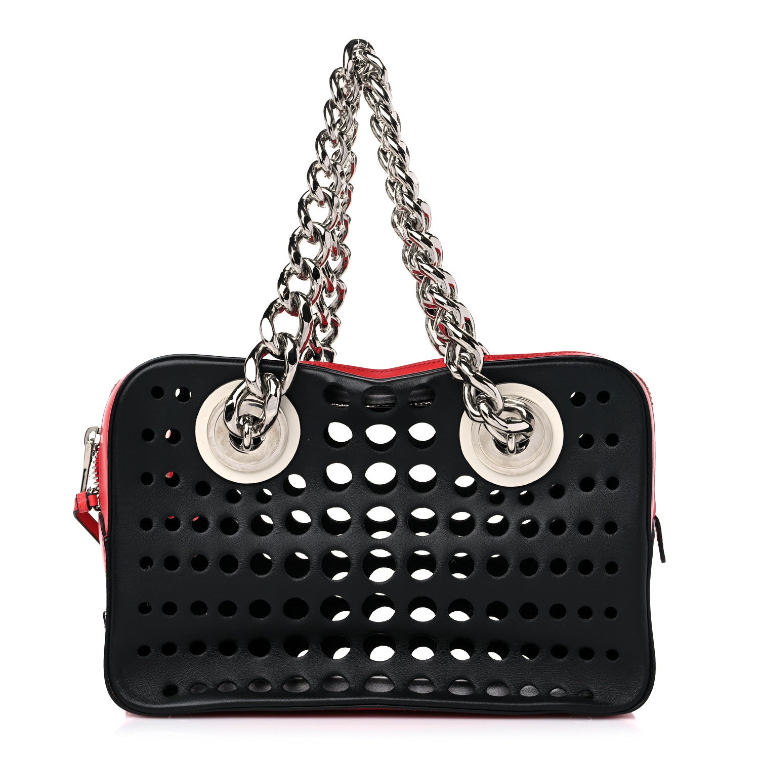 Prada City Calfskin Perforated Chain Shoulder Bag Black Lacca 3 of 12