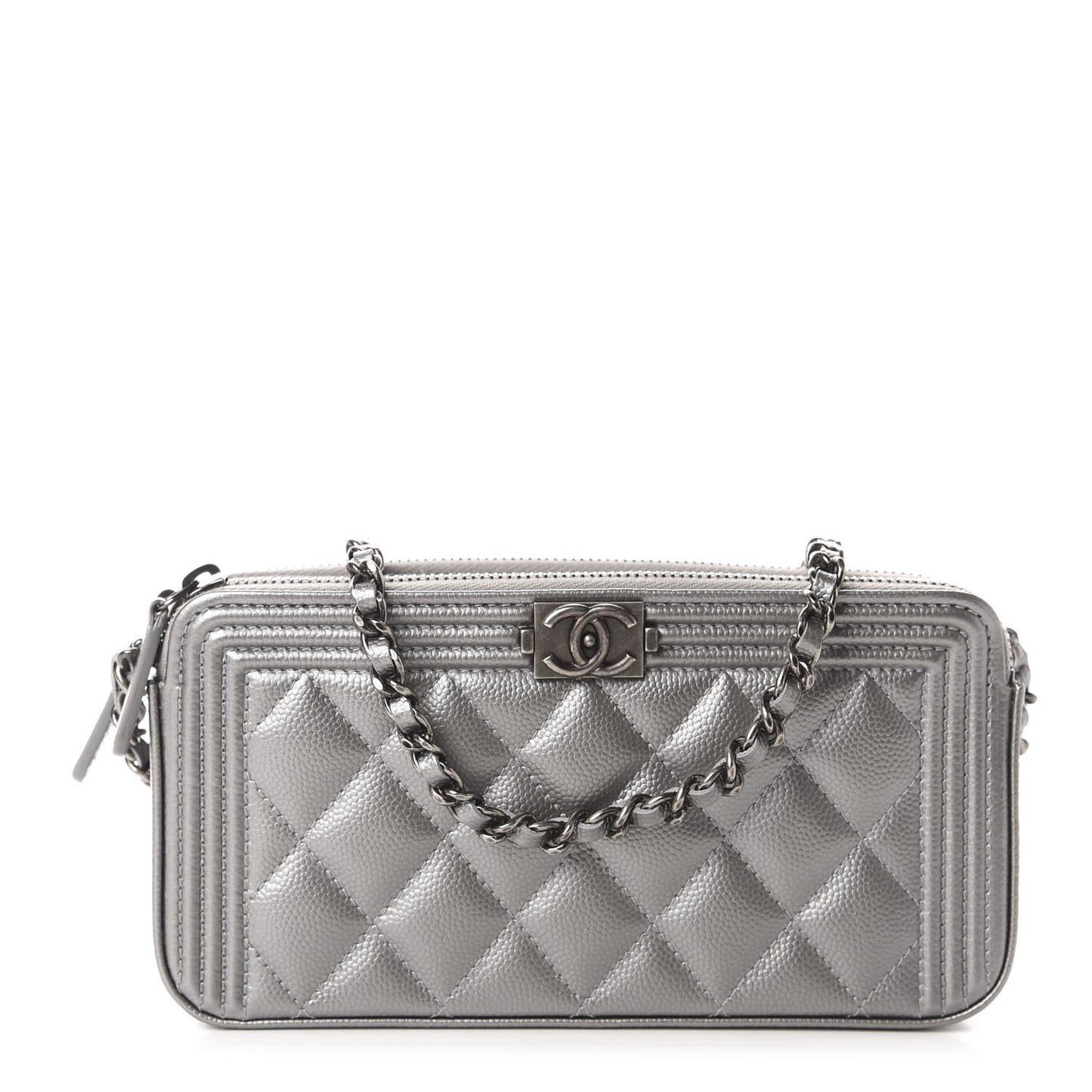 Metallic Caviar Quilted Small Boy Clutch With Chain Silver