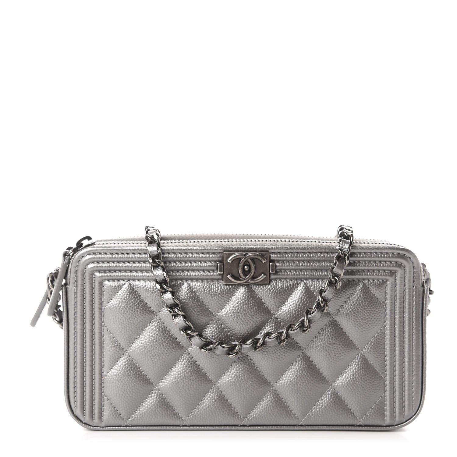 Chanel Metallic Caviar Quilted Small Boy Clutch With Chain Silver 1 of 12