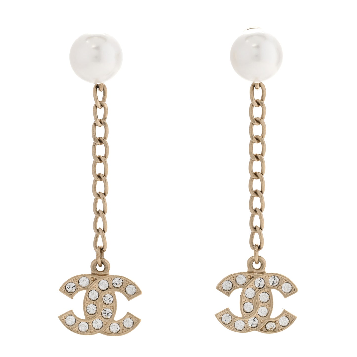 Pearl Crystal CC Long Drop Earrings Gold