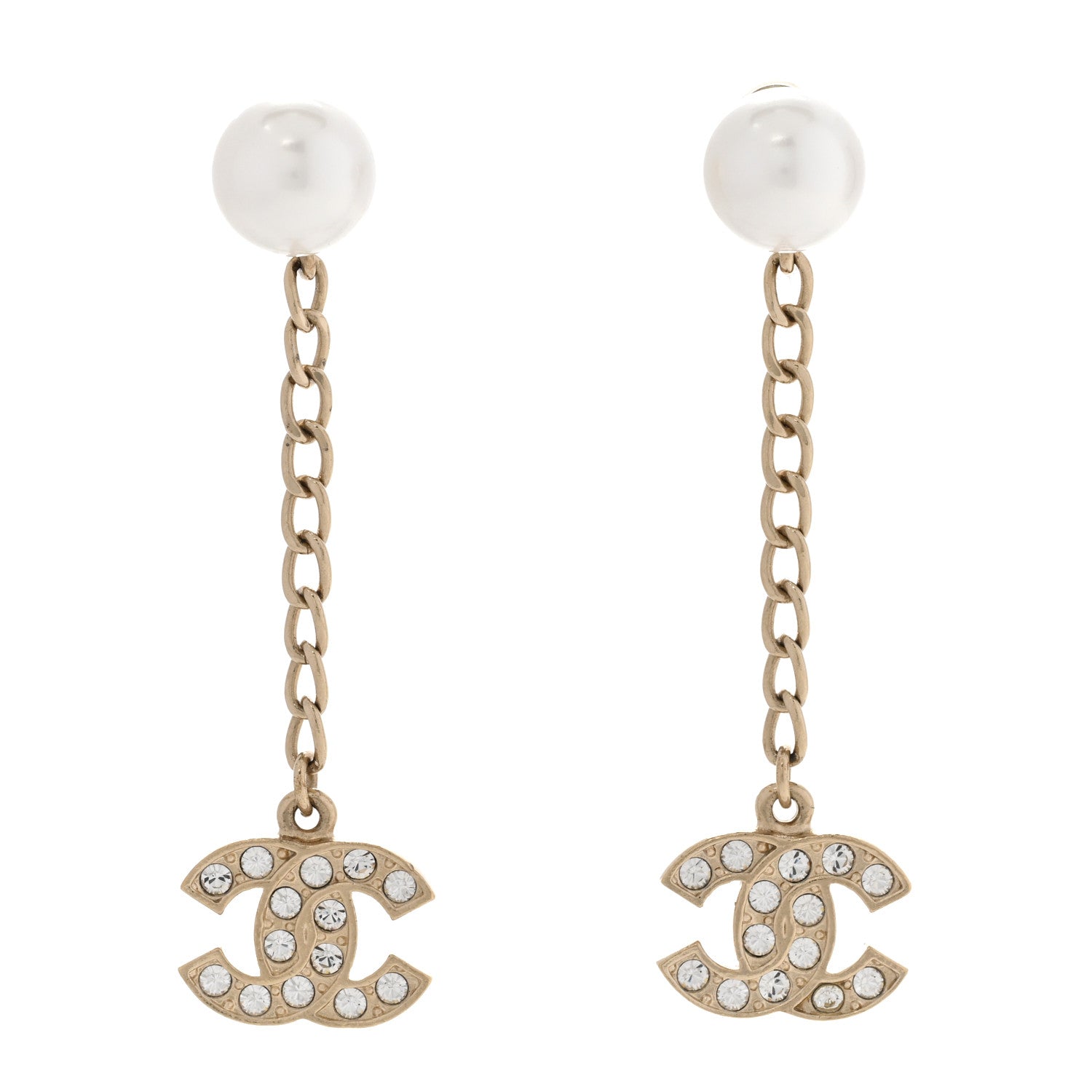 Chanel Pearl Crystal CC Long Drop Earrings Gold 1 of 4