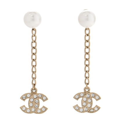 Chanel Pearl Crystal CC Long Drop Earrings Gold 1 of 4