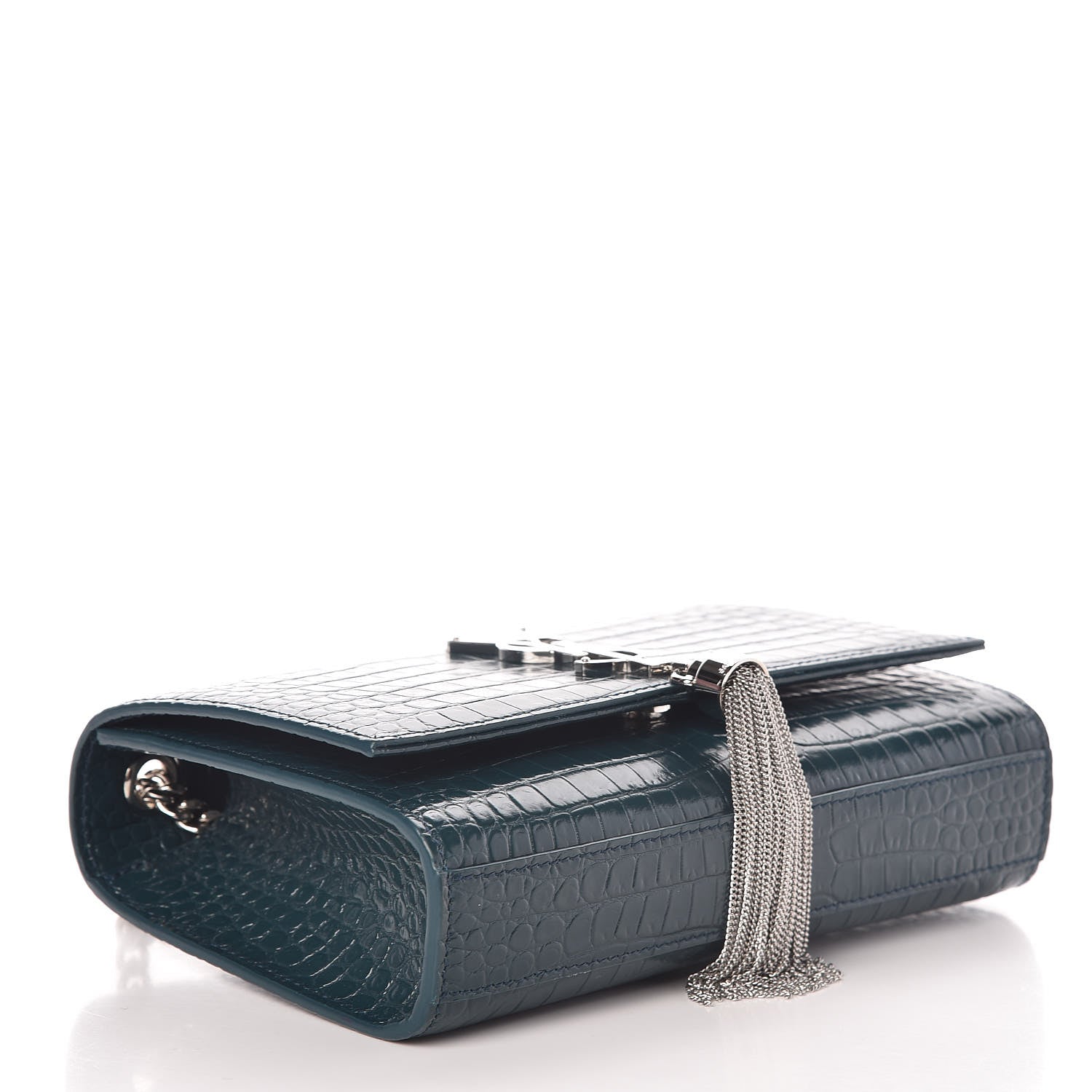 Saint Laurent Calfskin Crocodile Embossed Small Classic Monogram Kate Tassel Satchel Dark Green 4 of 7