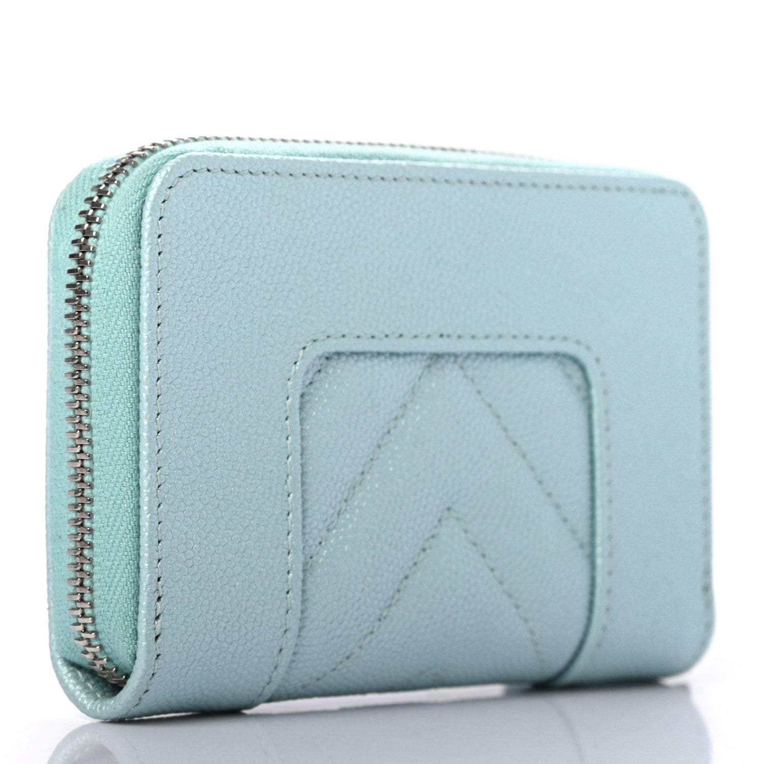 Chanel Metallic Caviar Chevron Quilted Vintage Mademoiselle Zip Coin Purse Light Blue 3 of 7