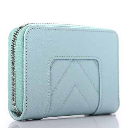 Chanel Metallic Caviar Chevron Quilted Vintage Mademoiselle Zip Coin Purse Light Blue 3 of 7