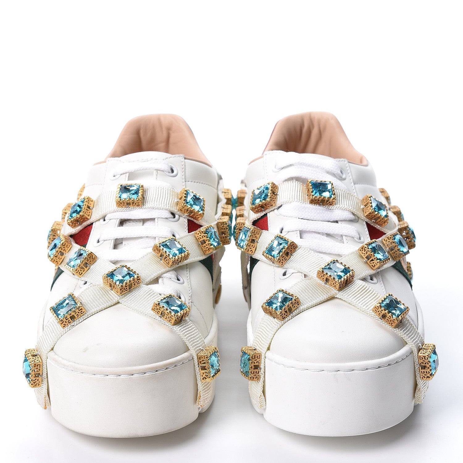 Gucci Calfskin Removable Crystals Bee Embroidered Ace Platform Sneakers 37 White 2 of 11