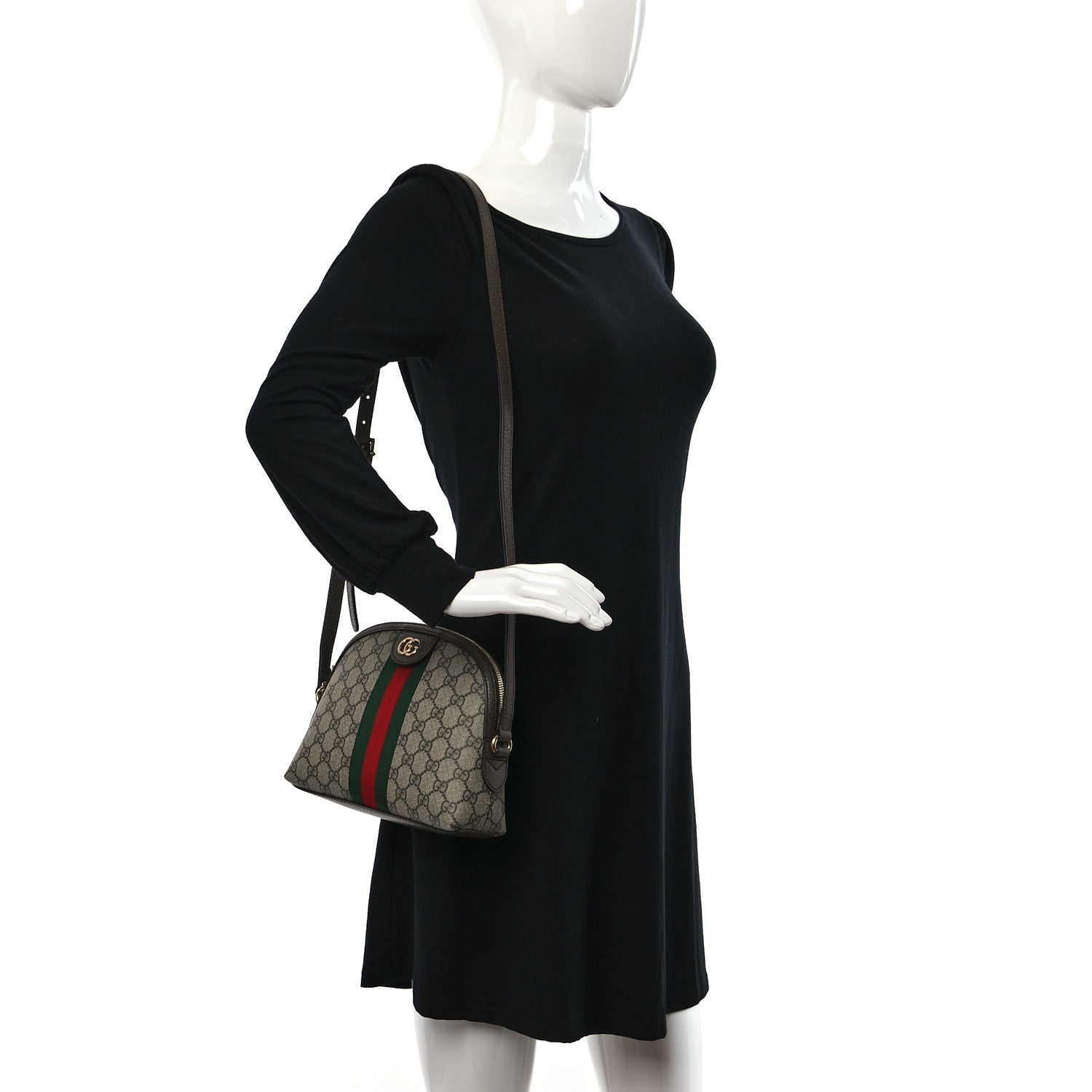 Gucci GG Supreme Monogram Textured Dollar Calfskin Web Small Ophidia Dome Shoulder Bag Beige Ebony New Acero 2 of 9