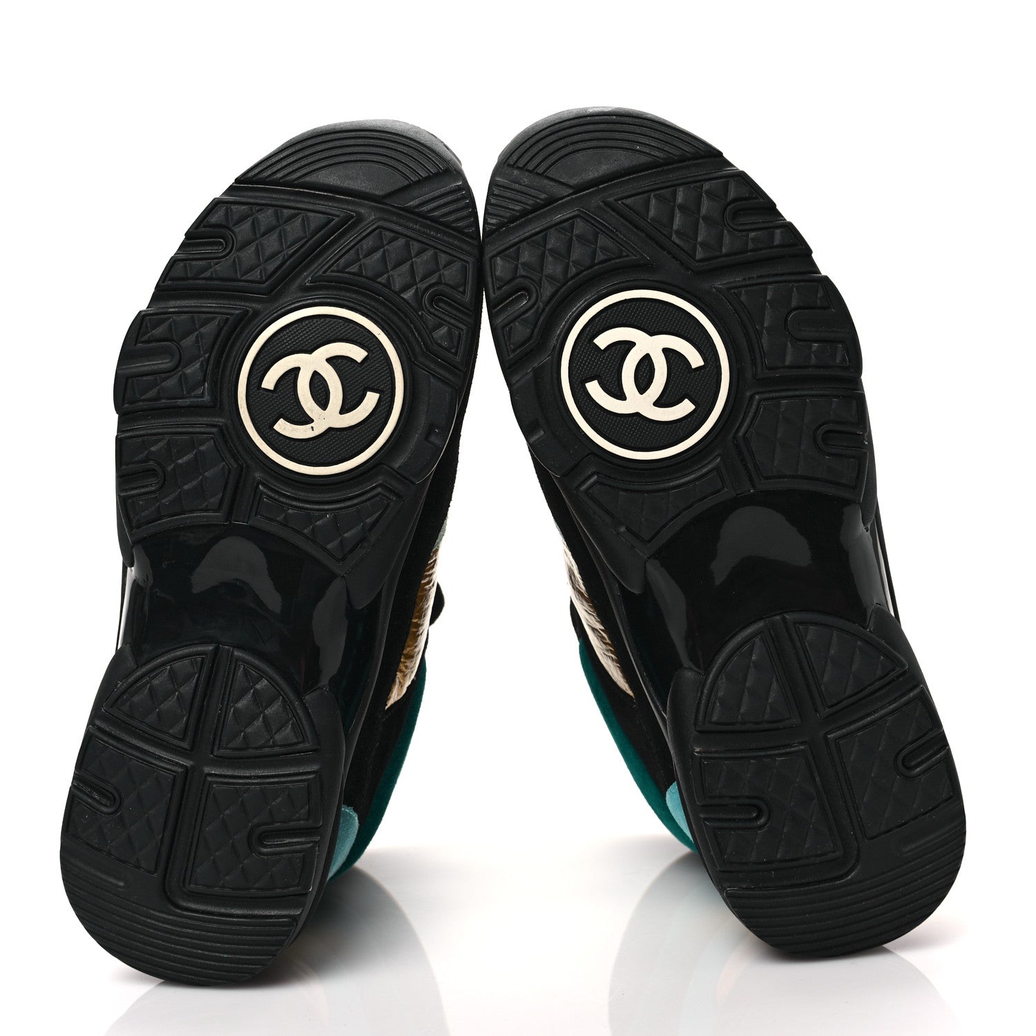 Chanel Suede Calfskin Fabric CC High Top Sneakers 37 Black Turquoise Gold 5 of 7