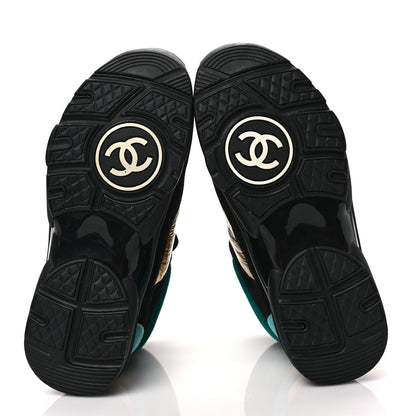 Chanel Suede Calfskin Fabric CC High Top Sneakers 37 Black Turquoise Gold 5 of 7