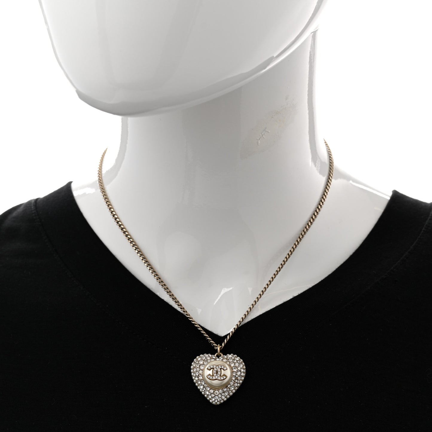 Pearl Crystal CC Heart Necklace Gold Pearly White