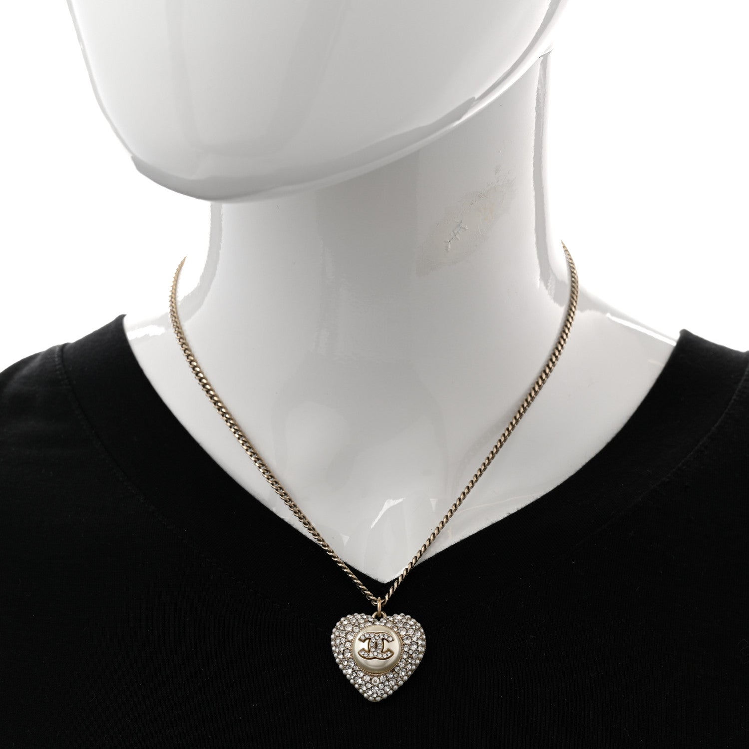 Chanel Pearl Crystal CC Heart Necklace Gold Pearly White 2 of 7