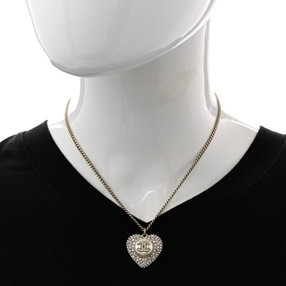 Chanel Pearl Crystal CC Heart Necklace Gold Pearly White 2 of 7