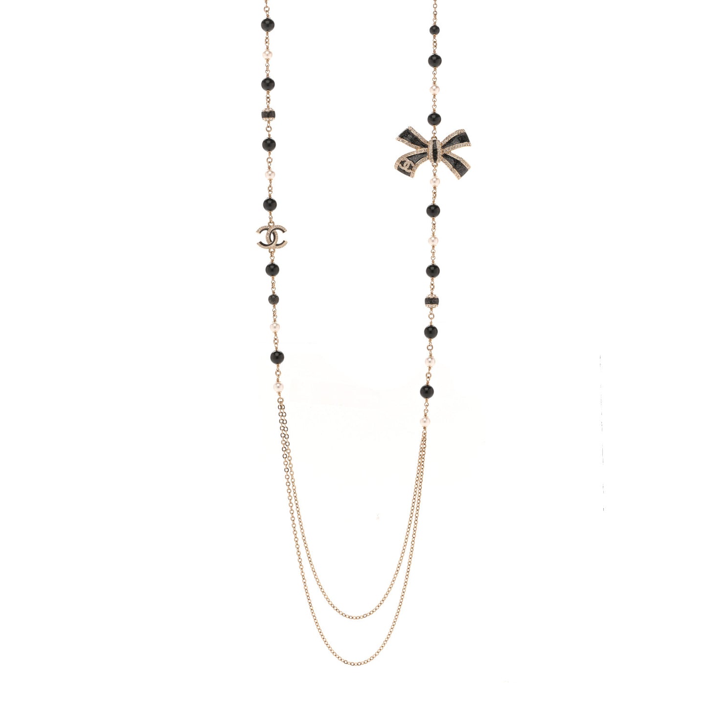 Glitter Enamel Crystal Bow CC Long Necklace Black Gold