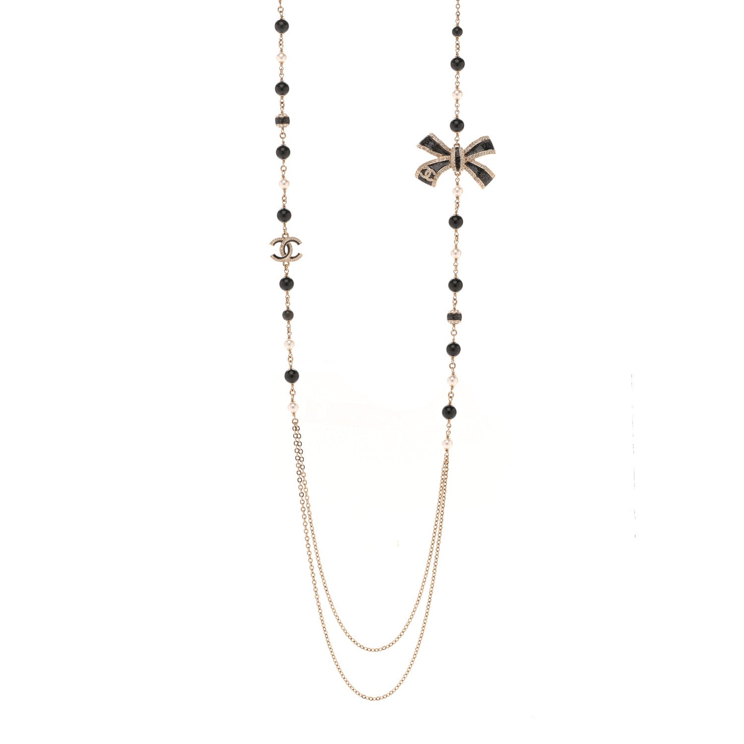 Chanel Glitter Enamel Crystal Bow CC Long Necklace Black Gold 1 of 6