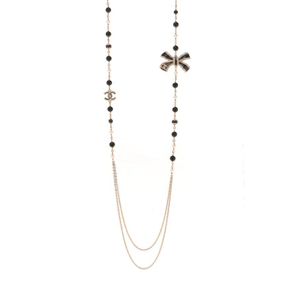 Chanel Glitter Enamel Crystal Bow CC Long Necklace Black Gold 1 of 6