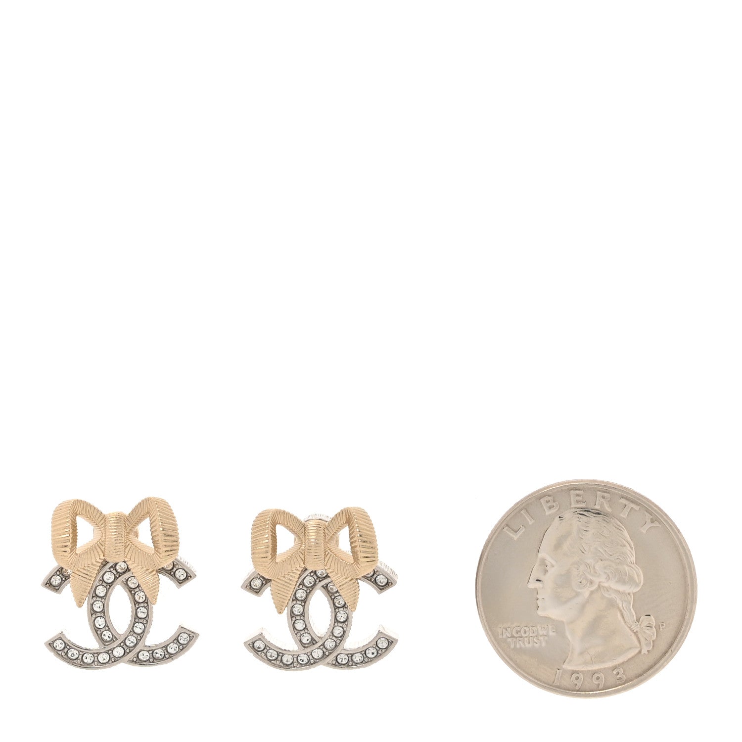 Chanel Crystal CC Bow Earrings Silver Gold 2 of 6