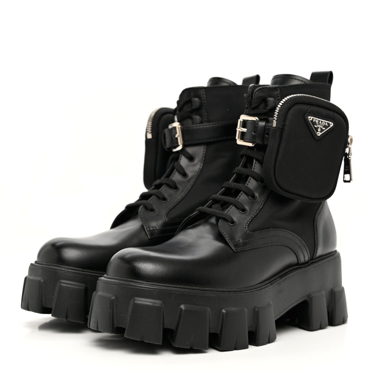 Prada Spazzolato Rois Re-Nylon Metal Triangle Logo Monolith Pouch Pocket 55mm Boots 38 Black 3 of 10