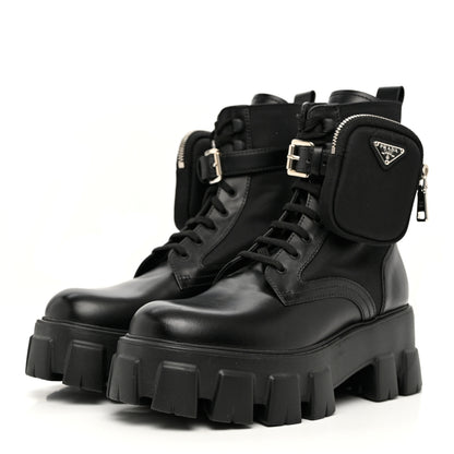 Prada Spazzolato Rois Re-Nylon Metal Triangle Logo Monolith Pouch Pocket 55mm Boots 38 Black 3 of 10