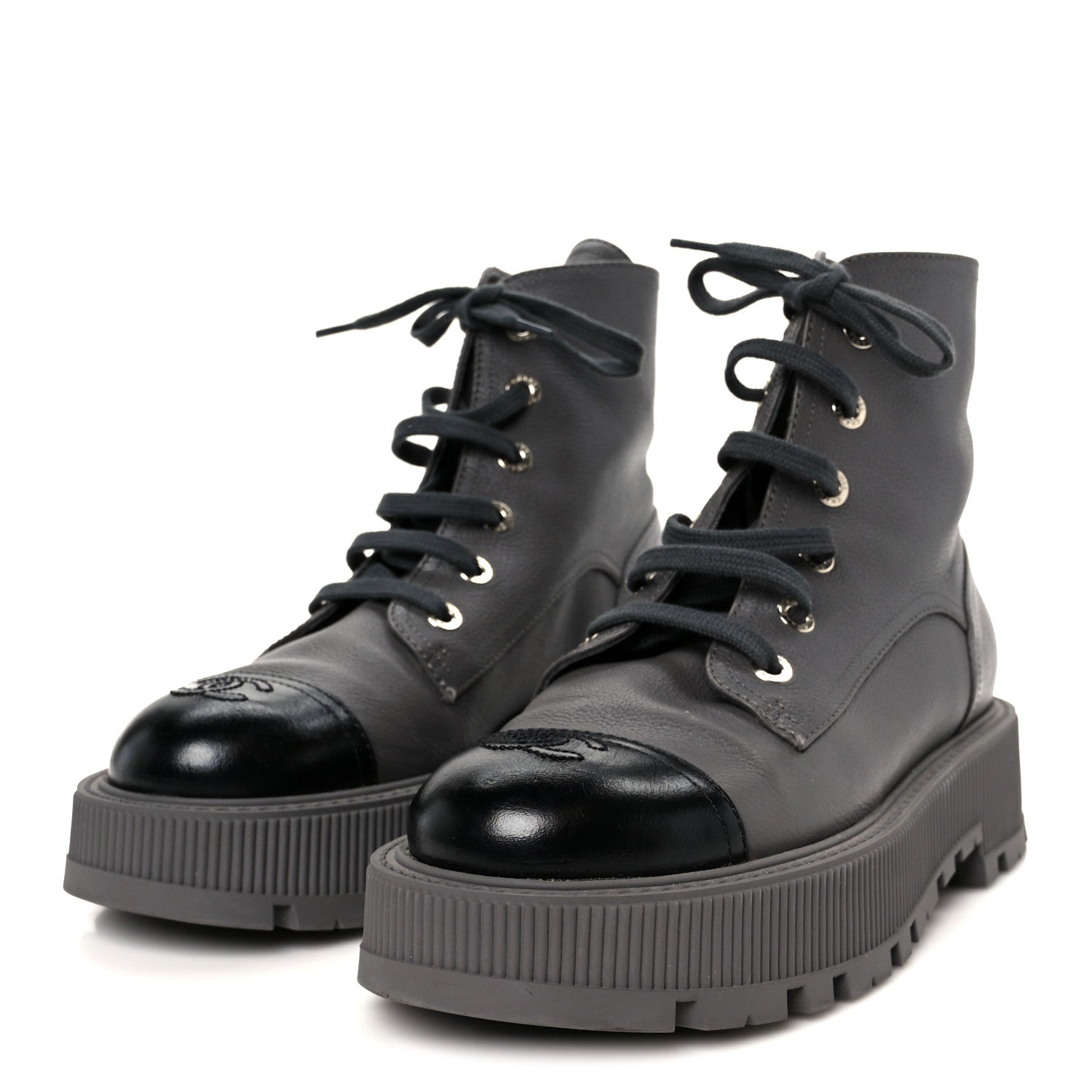 Chanel Grained Calfskin Shiny Calfskin CC Lace Up Combat Boots 41 Gray Black 4 of 11