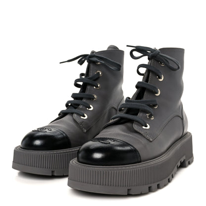 Chanel Grained Calfskin Shiny Calfskin CC Lace Up Combat Boots 41 Gray Black 4 of 11