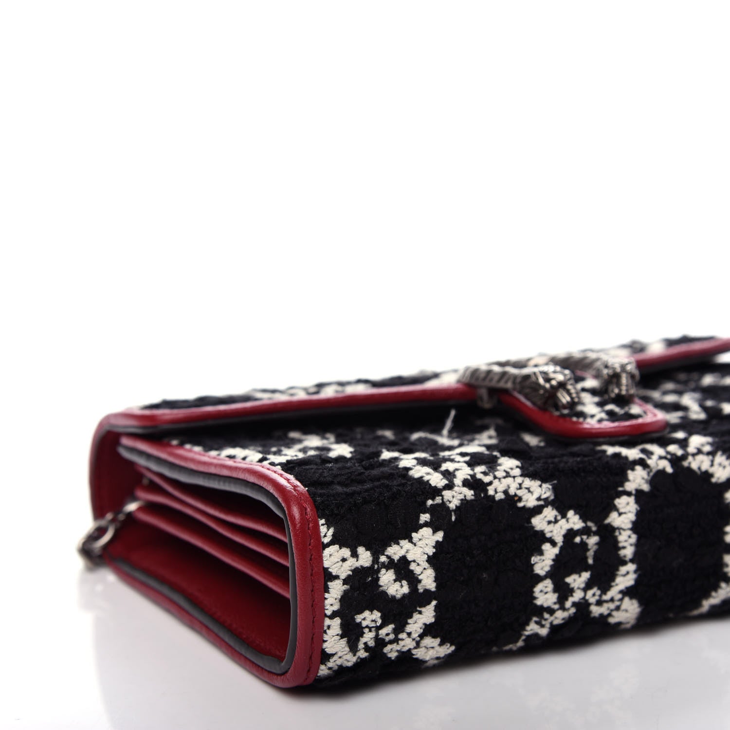 Gucci Tweed GG Monogram Mini Dionysus Chain Wallet Black White Romantic Cherry 8 of 10