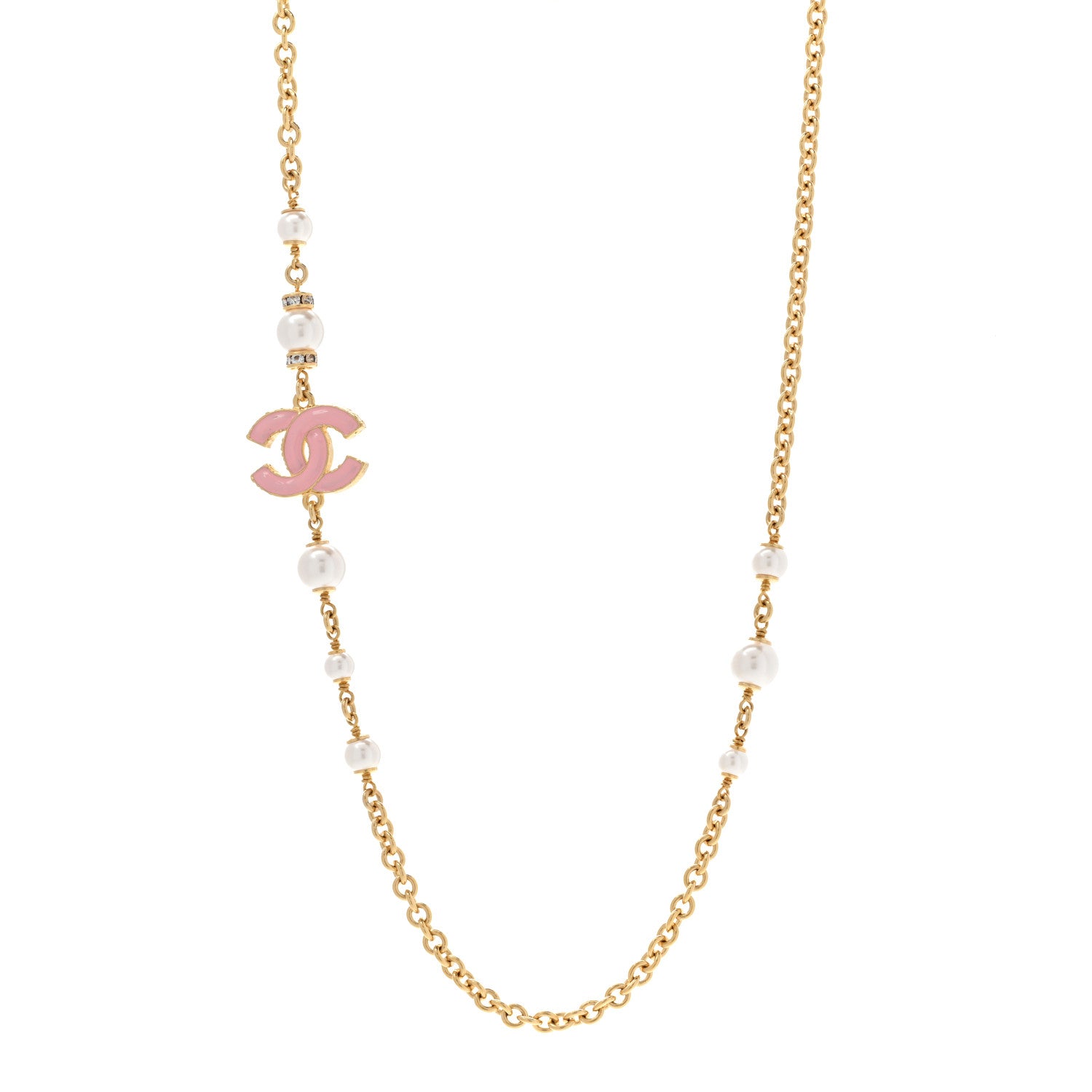 Chanel Pearl Bead Enamel CC Short Necklace Pink Gold 1 of 6