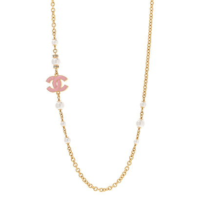 Chanel Pearl Bead Enamel CC Short Necklace Pink Gold 1 of 6