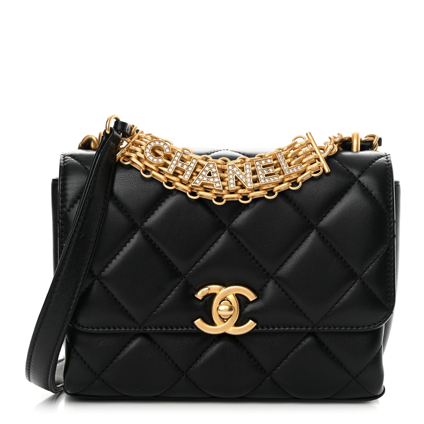 Lambskin Quilted Mini CC Crystal Logo Chain Flap Black