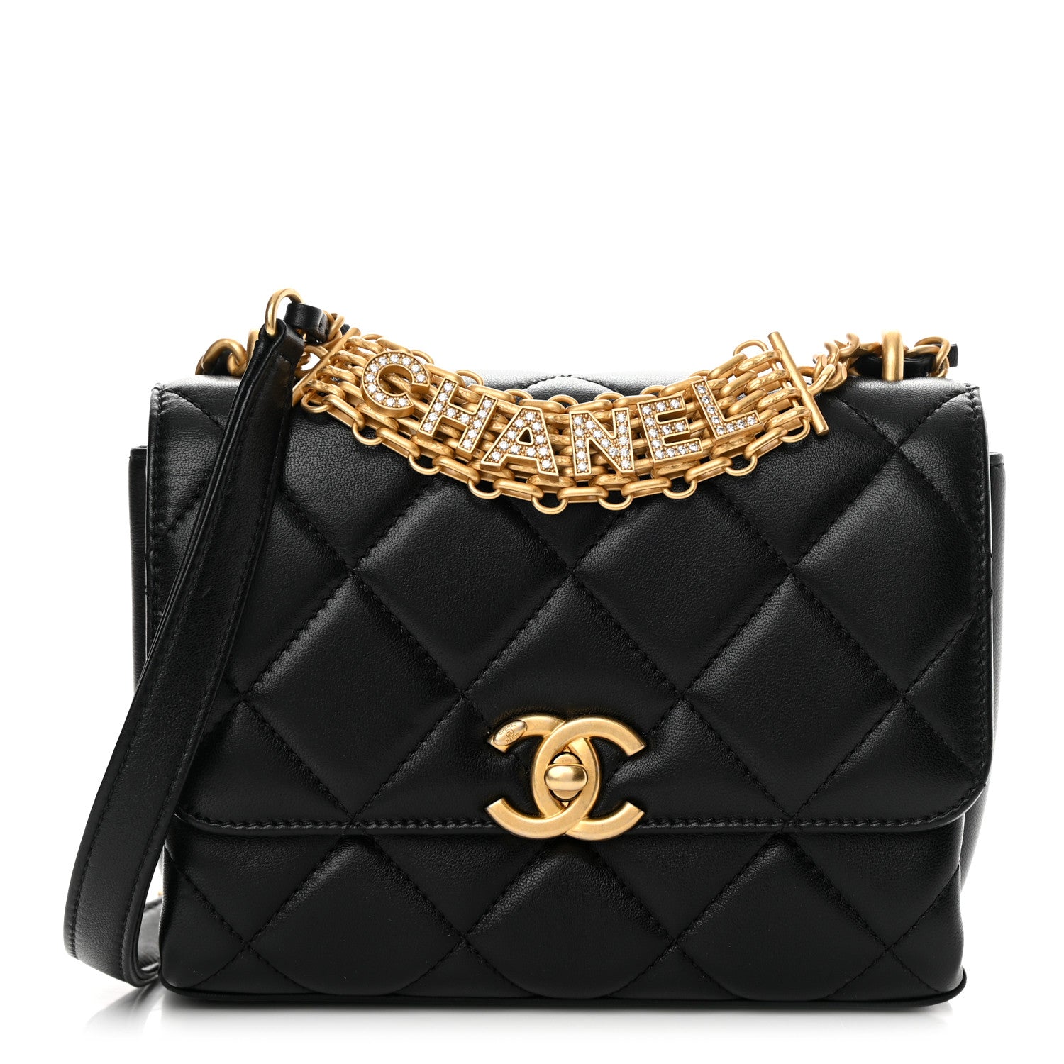 Chanel Lambskin Quilted Mini CC Crystal Logo Chain Flap Black 1 of 13