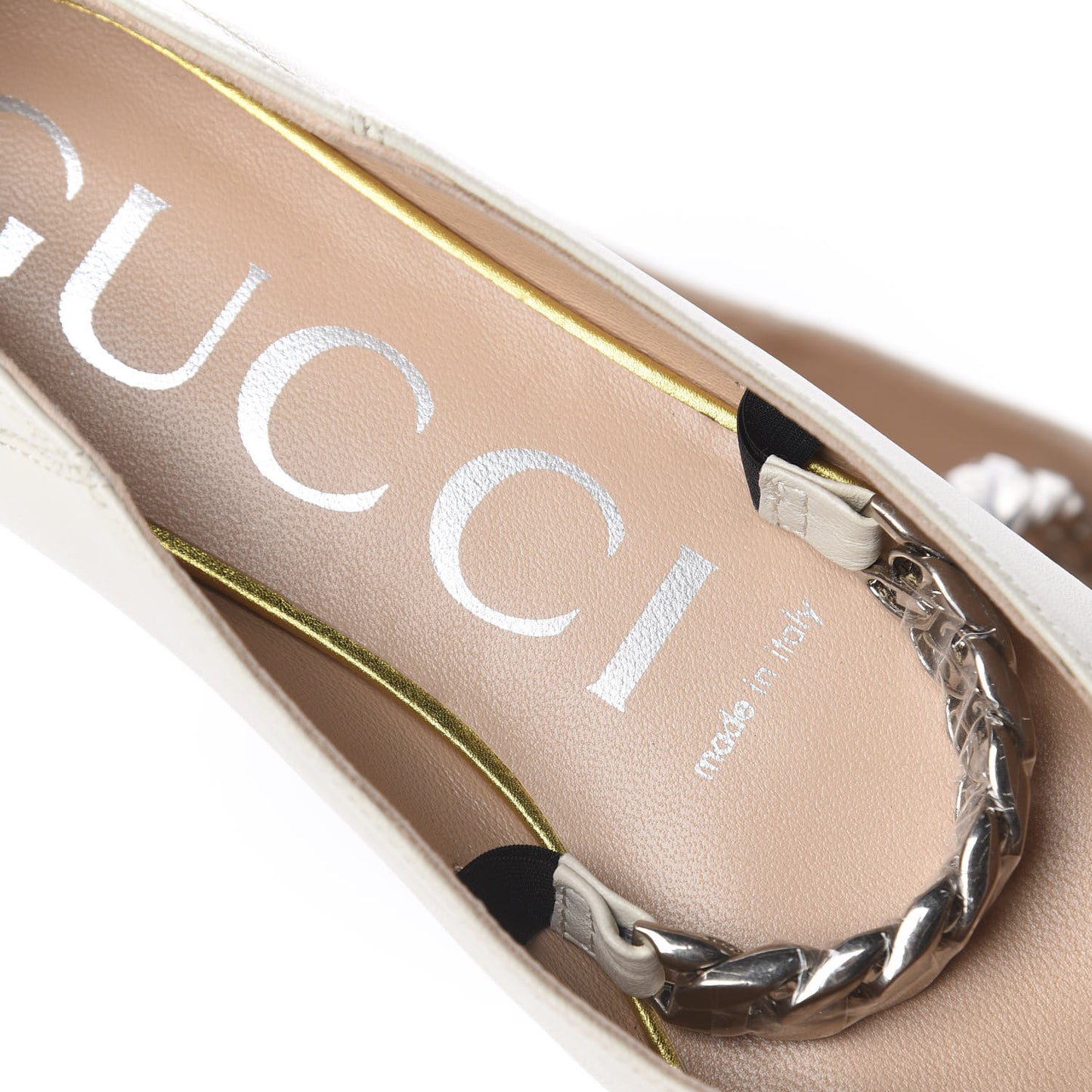 Nappa Lumiere Deva Horsebit Chain Embellished Flats 36 Dusty White