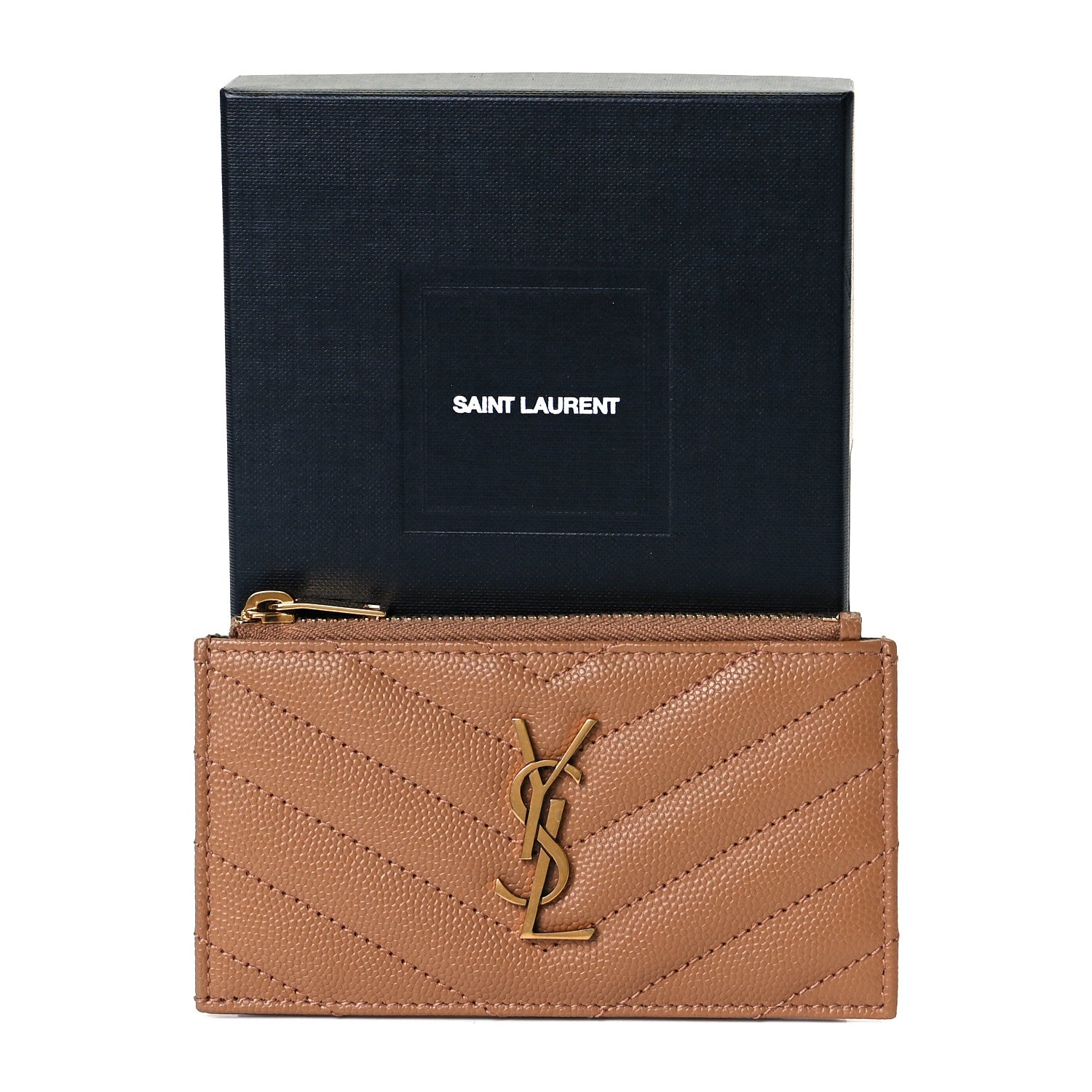 Saint Laurent Grain De Poudre Matelasse Chevron Monogram Fragments Zippered Card Case Cork 6 of 6