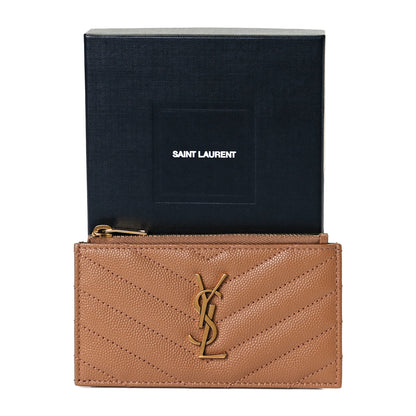 Saint Laurent Grain De Poudre Matelasse Chevron Monogram Fragments Zippered Card Case Cork 6 of 6