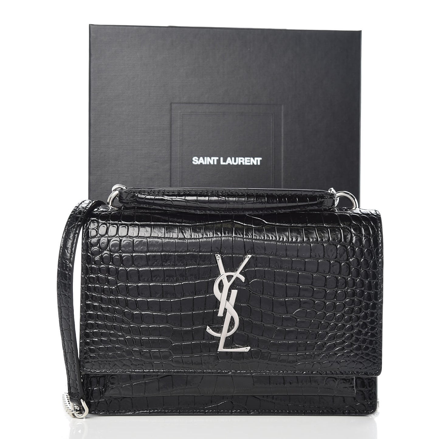 Calfskin Crocodile Embossed Monogram Sunset Chain Wallet Black