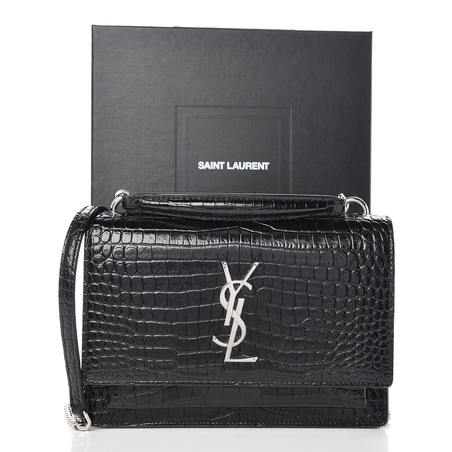 Saint Laurent Calfskin Crocodile Embossed Monogram Sunset Chain Wallet Black 12 of 12
