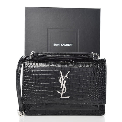 Saint Laurent Calfskin Crocodile Embossed Monogram Sunset Chain Wallet Black 12 of 12