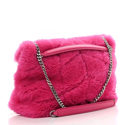 Saint Laurent Merino Shearling Lambskin Quilted Small Loulou Puffer Monogram Chain Satchel Fuchsia 3 of 11