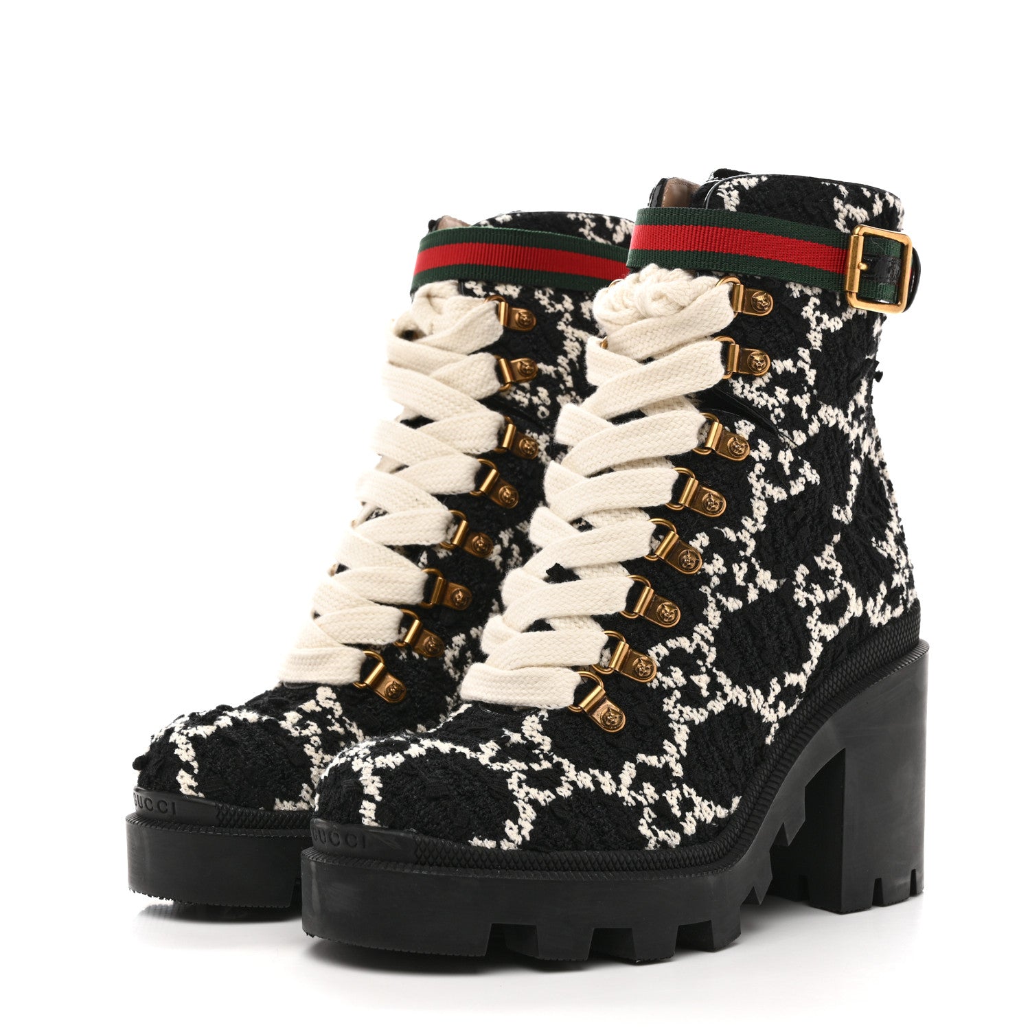 Gucci Tweed GG Monogram Lace Up Combat Ankle Boots 37 Black 4 of 9
