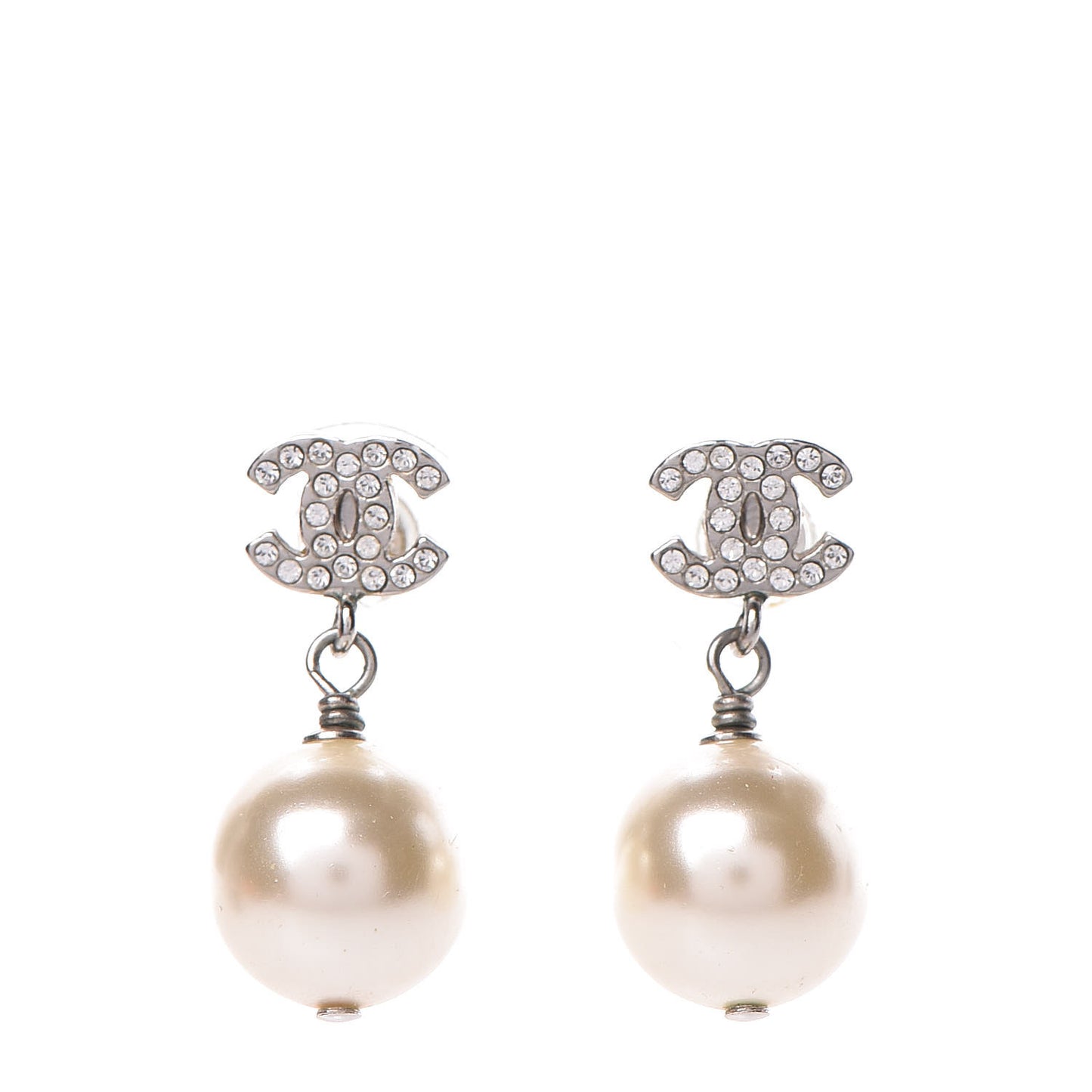 Crystal Pearl CC Drop Earrings Silver Pearly White