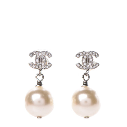 Chanel Crystal Pearl CC Drop Earrings Silver Pearly White 1 of 5